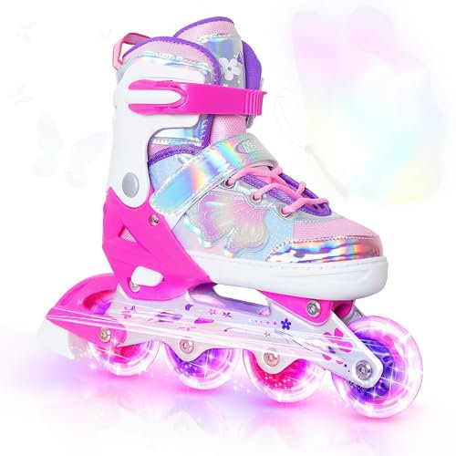 Nattork Kinder Inliner für Mädchen, 4 Größen Verstellbare Kinder Inline Skates, Schmetterling Inline Rollschuhe mit Leuchtenden Rädern für Kinder Mädchen (Rosa, 27-31 EU / 175-200 MM)