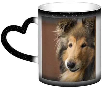 XDVPALNE Langhaarcollie, Lassie-Hunde, große, flauschige Hunde, Haustiere, Keramiktasse, wärmeempfindliche Farbwechseltasse, Kaffeetassen, Keramiktasse, 330 ml