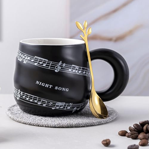 eKsdf Porzellan Musiktasse 350ml Kaffeetasse mit Musiknoten Bedruckt Kakaobecher tasse mit Löffel Frühstücksbecher Teetasse Tolles Geschenk für Musiker Musikliebhaber Mama Frauen Papa (Schwarz)