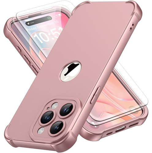 ORETECH for iPhone 15 Pro Max Case 6.7 inch, with [2 Pack Screen Protector] [Camera Lens Guard] [15FT Military Grade Drop Test] 360° Shockproof Slim Fit Design Rubber Bumper Phone Cover - Rose Gold