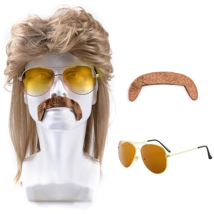 Ninnyi 3 Piece Set Brown 80s Mens Wig, Retro Pop Rock Curly Mullet Wigs for Men Halloween Costume Party Accessories
