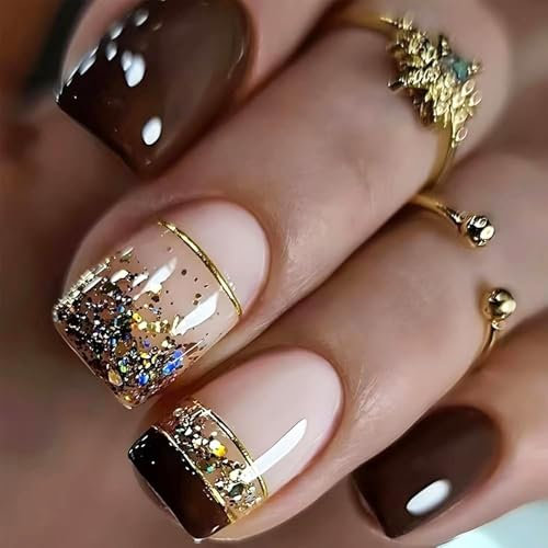 Kabwea Lot de 24 faux ongles courts, à pointe française, à coller, ongles artificiels