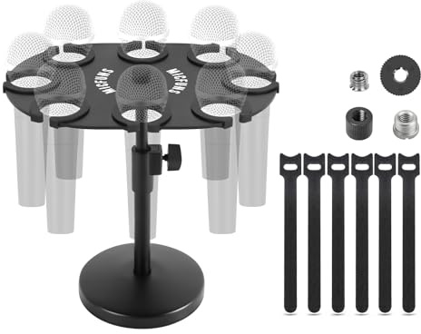 Micfuns TM100 Multi Microphone Holder For Mic Stand - Square Tray Attachment holds up to 8 mics On Stage Organizer and Display with 8 Anti-roll Rings and metal adapter with stand (TM100-B)