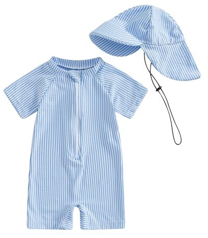 Vioyavo Newborn Toddler Boys One-Pieces Swimwear Summer Short Sleeve Striped Swimsuit Half Zipper Rash Guard Sunhat Set Bathing Suit (Blue, 12_months-24_Months)
