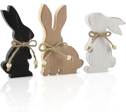 COCHIE Easter Decorations for The Home, Rustic Farmhouse Wooden Bunny Blocks Tiered Tray Decor Set of 3, Vintage Wood Bunnies Sign for Table Top Office Party Shelf Decoration (Colorful)