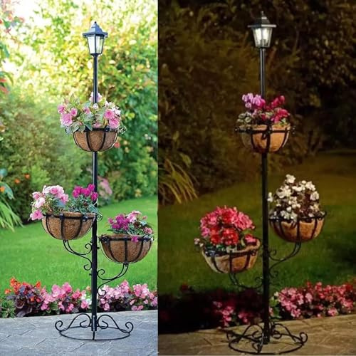 Kiswa collection White LED Solar-Powered 3-Tier Flower Planter – Outdoor Floral Pot Holder Display Stand with Light for Garden, Patio, and Lawn Decoration