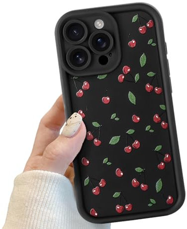 Black Cute Cherry Phone Case for iPhone 16 Pro, Cute Red Cherry Pattern Shockproof Bumper Case for Women Girls, Soft TPU Slim Girly Protective Cover for iPhone 16 Pro