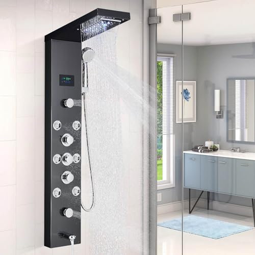 Black Shower Panel Tower Wall Mounted Tower System Shower Tower Panel 5 Functions with 8 Massage Jets,Black