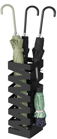 SONGMICS Porta Ombrelli in Metallo, Contenitore per Ombrelli Quadrato con 4 Gancetti e Vaschetta Scolapioggia Rimovibile, 20 x 20 x 49 cm, Nero LUC017B01