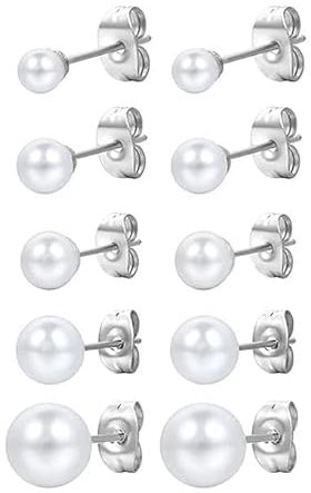 5 Pairs Pearl Stud Earrings – Hypoallergenic Small Pearl Earrings for Women, 4/5/6/7/8mm