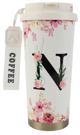 MHwan Termo Cafe, Botella Agua Acero Inoxidable con Aislamiento al Vacío de Doble Capa (530ml), Regalo Personalizado para Mujeres con Iniciales de La a A La Z, Se Puede Beber Directamente o con Pajita