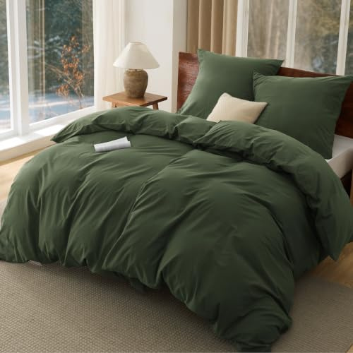 BEDSURE Bettwäsche 135x200 Baumwolle 4teilig -Olivengrün, 2 Kissen 80x80 cm | 100%Baumwolle Bettwäsche Set mit Reißverschluss, 2 Bettbezug+2 Kissen, Gewaschene Leinenoptik, Atmungsaktiv & Weich, Oeko-TEX