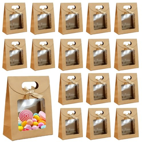 30 sacchetti regalo con finestra, 12 x 16 x 6 cm, sacchetti di carta marrone con manici, sacchetti regalo di carta con manico per matrimonio, Natale, confezioni di banchetti, caramelle, biscotti snack