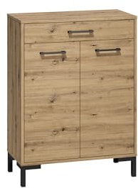 FURNLUX Nevio Schuhschrank, Eiche & Schwarz, Beige, Laminierte Spanplatte/MDF/HDF/ABS, 70x34x94 cm, 4 Einlegeböden, 2 Türen mit Schublade