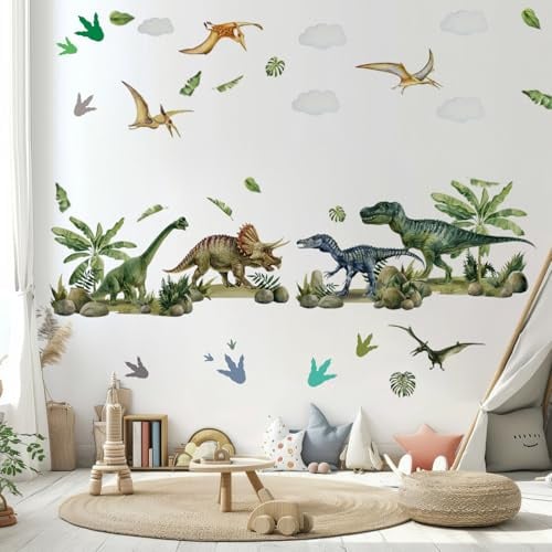 Wandtattoo Dinosaurier 120x70 cm mit 4 Dino Fußabdruck Aufklebern | Selbstklebende Wandsticker Kinderzimmer Jungen, Dino Wanddeko DIY Wandaufkleber