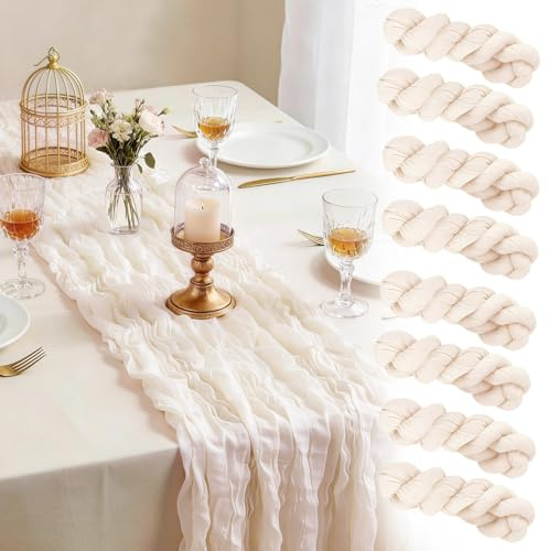 Otauoaea Tischläufer Champagner (8 Stück, 50x300 cm) - Rustikale Gaze Käsetuch Tischläufer im Bali-Gaze mit Faltenwurf für Hochzeit, Gartenparty, Brautparty, Geburtstag & Boho-Deko