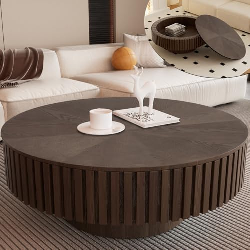Wxnnx Round Coffee Table with Storage, Modern Handcraft Fluted Drum Coffee Table Wood Circle Center Table with Sturdy Pedestal for Living Room Apartment (Brown)
