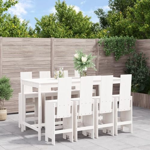 QJBSAVVA 9-TLG. Gartenbar-Set Weiß Massivholz Kiefer 203,5 x 90 x 110 cm, rustikaler Bartisch mit 8 Barhockern, belastbar bis 110 kg, platzsparend für Balkon, Terrasse und Garten