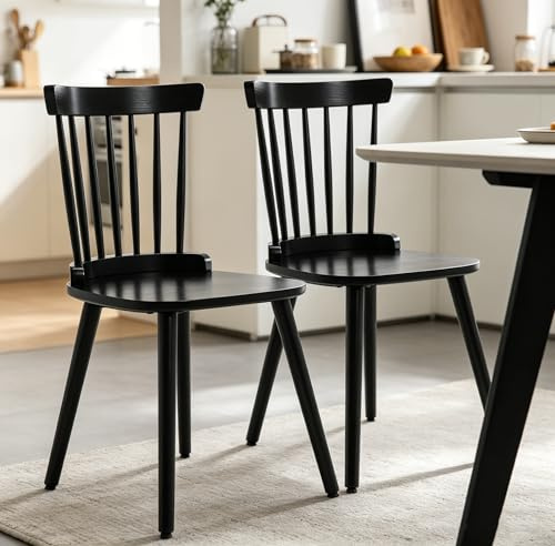 Bekrvio Esszimmerstühle 2er Set, Windsor Stil Stühle mit Spindelrücken aus Massivholz, bis 150 kg Belastbar, Skandinavische Holzstühle für Esszimmer, Küche und Wohnzimmer, Schwarz