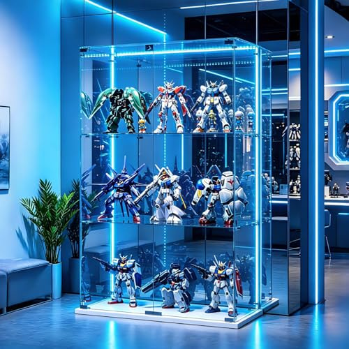 AZJSAHAH Glasvitrine mit Beleuchtung,Vitrine Stehend Sammlervitrine Vitrine Glas mit 2 Glastüren & 3 Glasböden Vitrinenschrank Für Wohnzimmer Schlafzimmer Büro (Weiß, 2 Tür 3 Lagen – LED Lichtleiste)