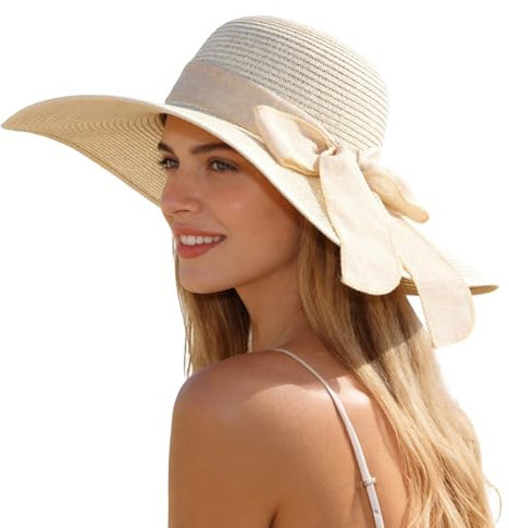 LHHMZ Women Beach Sun Straw Hat, Wide Brim Summer Hat, Foldable Packable Floppy Beach Hats Beige