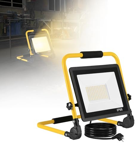YZNAHRE LED Baustrahler 100W Warmweiß, LED Fluter mit faltbarem Ständer, 3 m Kabel mit Stecker, IP66 wasserdicht, für Werkstatt, Baustelle & Garage