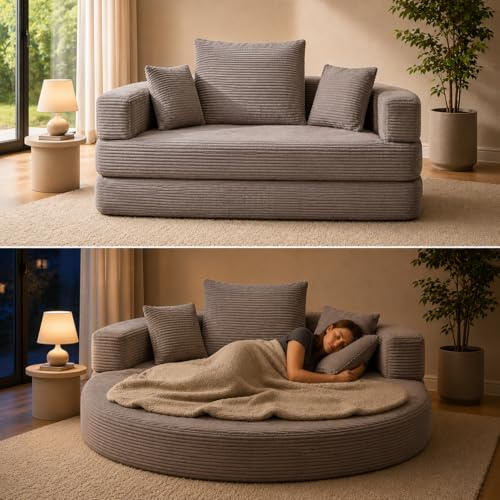 2-in-1 Schlafsofa Rundliege, klappbares Boneless-Sofabett aus Cord-Stoff, ovales Sofa Bett 173 x 176 cm, multifunktionale Schlafcouch mit 3 Kissen für Wohnzimmer, Gästezimmer, Apartment(Braun Grau)