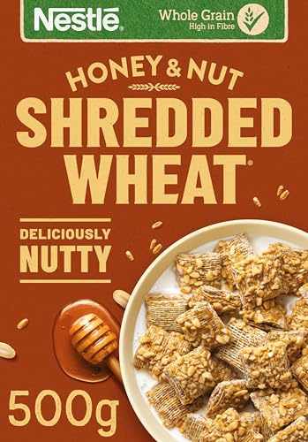 Nestlé Cereals - Shredded Wheat Breakfast Cereal - BitesizeHoney Nut Wholegrain Biscuits, High Fibre, No Added Sugar - 500g