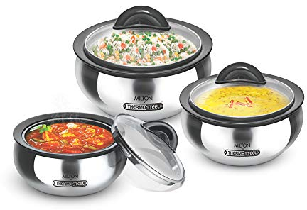 Milton Casserole with Glass Lid Set of 3 for Hot Food, Insulated Hot Pot, Stainless Steel, Serving Box (bowl, dish) for Food and Roti, Sizes 19 oz, 41 oz and 66 oz, Clarion