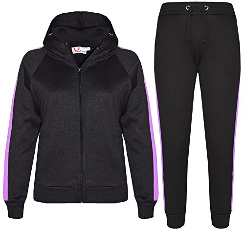 A2Z 4 Kids Girls Boys Tracksuit Plain Zipped Hooded Sweatshirt Top Bottoms Gym Jogging - T.S 102 Black Lilac 13