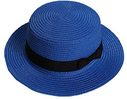 Elonglin Femme et Enfant Chapeau de Paille de Soleil Panama Capeline Chapeau Porkpie avec Nœud Papillon Bleu Royal Adulte
