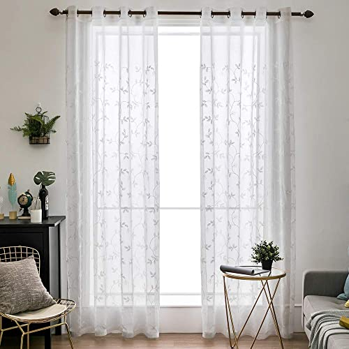 MIULEE Voile Vorhang Blumen Stickerei Vorhänge mit Ösen transparent Gardine 2 Stücke Ösenvorhang Gaze paarig schals Fensterschal für Wohnzimmer Schlafzimmer 245 cm x 140 cm(H x B) 2er-Set