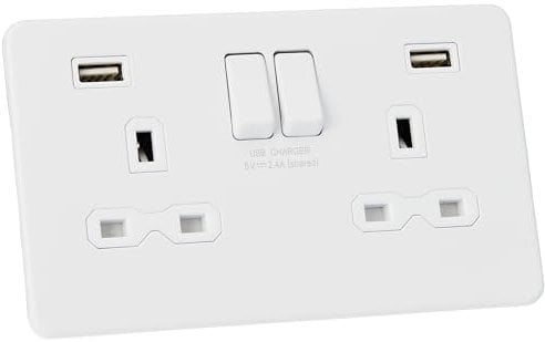 KNIGHTSBRIDGE SFR9224MW 13A 2G Switched Socket with Dual USB Charger A + A (2.4A) -Matt White, 230 V