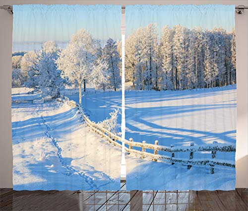 ABAKUHAUS Bauernhaus Rustikaler Vorhang, Winter Snowy Pines, Wohnzimmer Universalband Gardinen mit Schlaufen und Haken, 280 x 260 cm, Weiß Blau