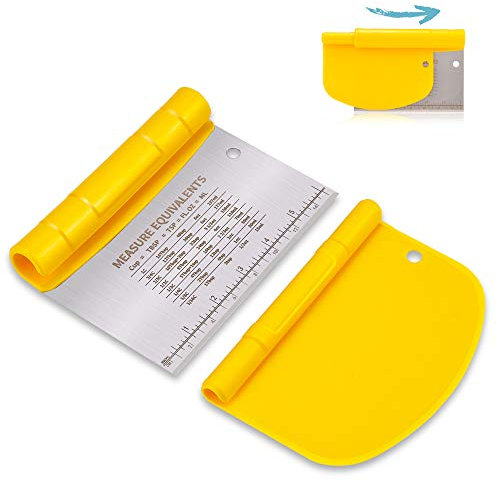 NanaHome Bench Scraper for Baking, Stainless Steel Dough Scraper/Cutter/Chopper and Flexible Plastic Bowl Scraper Set - Pastry, Pizza Cutter, Baking Tools with Measurement, 2 in 1 Kitchen Scraper