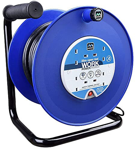 Masterplug Four Socket Medium Open Cable Reel Extension Lead with Handle, 25 Metres, 13 Amps Blue