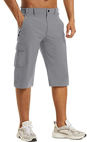KEFITEVD 3/4 Lang Hosen Herren mit Zip-Taschen Fahrradhose Leicht Dreiviertelhose Männer Sommerhose für Outdoor Angeln Hellgrau 40