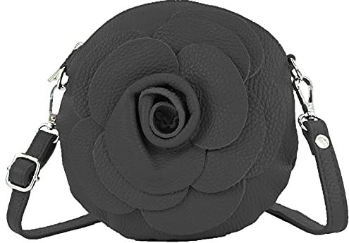 modamoda de T225 Damen Leder Umhängetasche Abendtasche Clutch Blüte Klein handmade in Italy, Farbe:Schwarz