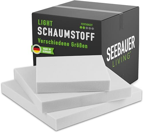 SEEBAUER living Schaumstoff Light RG 26/40 (Mittelfest) 120 x 40 x 4 cm Schaumstoffplatte für Polster und Sitzkissen, Polsterschaumstoff als Zuschnitt für Sitzpolster