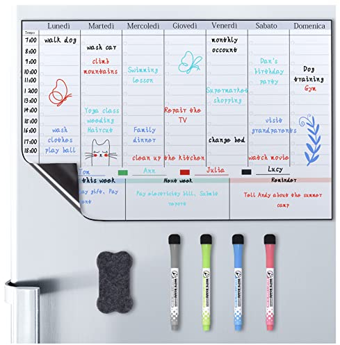 POPRUN Lavagna magnetica frigo Pianificazione la Settimana Famiglia Pasti e Agenda, Calendario Magnetico Frigorifero Lavagna calamitata morbida 43×28cm -italiano