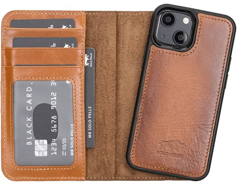 Solo Pelle Lederhülle kompatibel für iPhone 13 Mini in 5.4 Zoll abnehmbare Hülle (2in1) inkl. Kartenfächer für das original Apple iPhone 13 Mini (Cognac Braun)