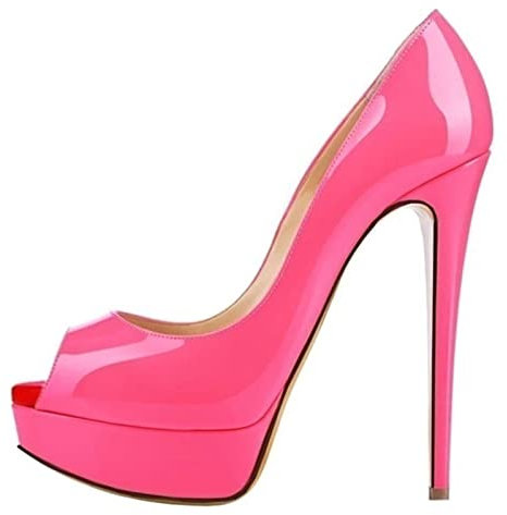 QIANKUN Zapatos de tacón alto con plataforma y puntera abierta para mujer, zapatos de tacón alto de charol, color rojo, para boda, rosa, 35