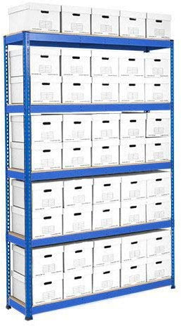 Horison Industries Garage Racking with Boxes, Box Shelving Unit, Garage Storage Solutions with Boxes, Shelving Units - Single Sided Archive Storage Blue, White Bin with 45 Boxes - 2743x1830x455mm