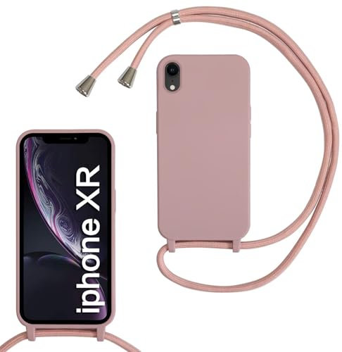 SLWYF Compatible with iPhone XR Crossbody Lanyard Case, Liquid Silicone Protective Phone Case with Strap Adjustable Neck Cord Necklace Soft Cover for iPhone XR, Sand pink