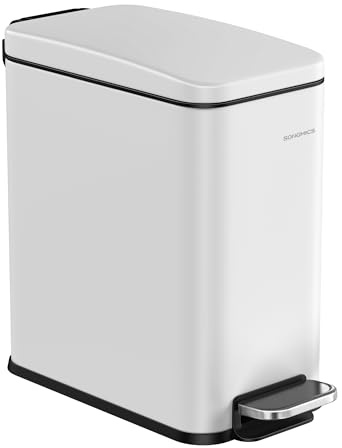 SONGMICS Bathroom Trash Can, 1.3 Gallon (5 L) Small Trash Bin with Lid, Slim for Small Spaces, Stainless Steel Garbage Can, Soft Close, White ULTB560W05