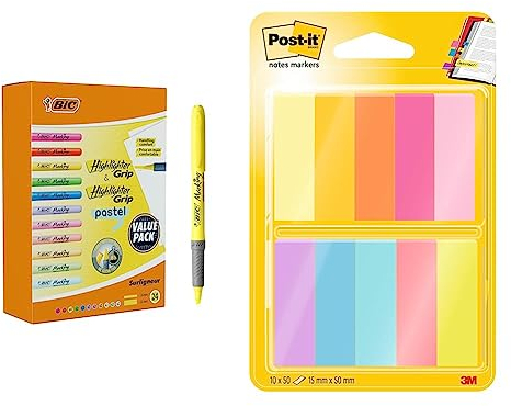 BIC Highlighter, Textmarker, 24er Pack & Post-it Notes Marker, Packung mit 10 Blöcken, 50 Marker pro Block