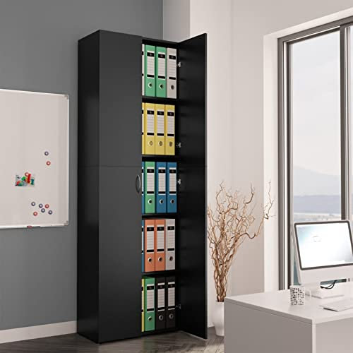 Festnight Armario de Oficina Madera, Armario Archivador Oficina con 2 Puertas y 5 Estantes, Armario de Almacenamiento para Oficina, Salón y Escuela, Librerías de Oficina, Negro 60x32x190 cm
