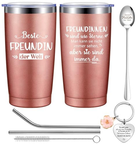 Hestya Beste Freundin Thermobecher Set 600 ml 20 oz Thermobecher Löffel mit Gravur Edelstahl Schlüsselanhänger Geburtstag Freundschaft Geschenk (Freundinnen Sind Wie Sterne)