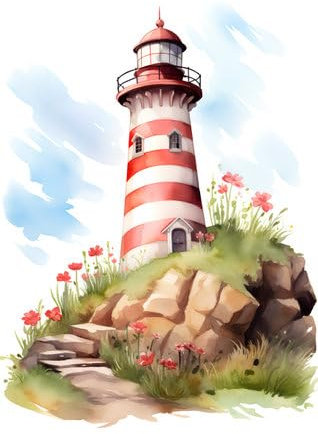 Acryl-Bild 30 x 40 cm: Leuchtturm an der Küste. Aquarell handgezeichnete Illustration isoliert auf weißem Hintergrund (213067853)