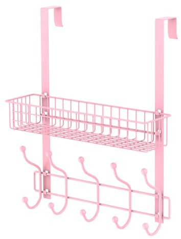 HJZWTS MILIJIA Over The Door Hooks with 5 Hooks & Mesh Baskets, Rustproof & Waterproof Coat Hanger, Detachable Storage Coat Rack for Towels, Hats, Handbags, Coats, Closet (Pink), CR006-A